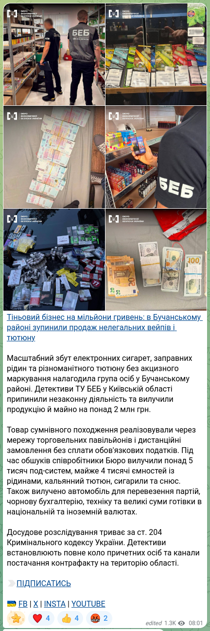 Screenshot of a Telegram post: Тіньовий бізнес на мільйони гривень: в Бучанському районі зупинили продаж нелег…