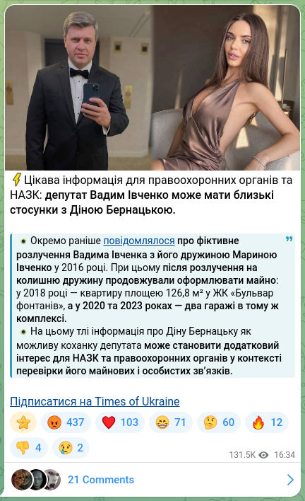 Скріншот Telegram-публікації: Івченко Вадим Євгенович — ⚡️Цікава інформація для правоохоронних органів та НАЗК: депутат Вад…