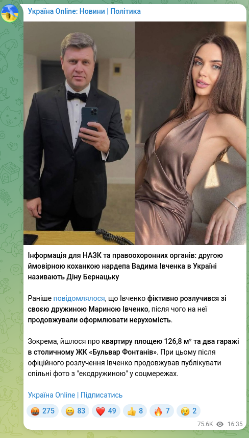 Скріншот Telegram-публікації: Івченко Вадим Євгенович — Інформація для НАЗК та правоохоронних органів: другою ймовірною коха…