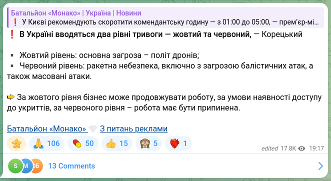 Скріншот Telegram-публікації: ❗️В Україні вводяться два рівні тривоги — жовтий та червоний, — Корецький ▪️Жо…