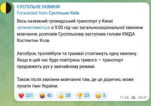 Screenshot of a Telegram post: Usov Kostiantyn Hlibovych — All surface public transport in Kyiv will stop at 9:00 during the…
