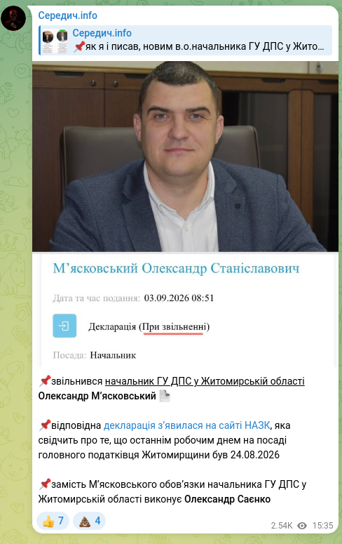 Screenshot of a Telegram post: Saienko Oleksandr Serhiyovych — 📌the head of the Main Department of the State Tax Service in…