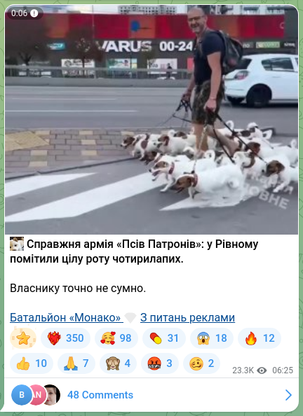 Screenshot of a Telegram post: 😘 A real army of “Patron’s Dogs”: an entire company of four-legged soldiers wa…