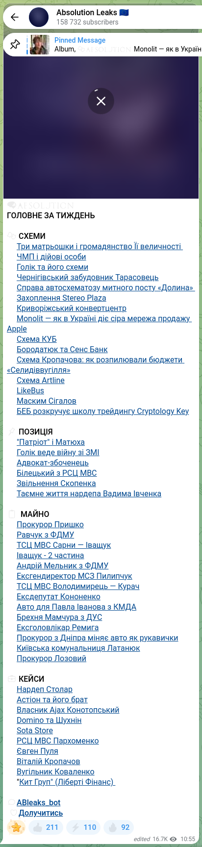 Screenshot of a Telegram post: Ivanov Pavlo Serhiyovych — 🧠🧡🧡🧡🧡🧡🧡 ГОЛОВНЕ ЗА ТИЖДЕНЬ 🧩 СХЕМИ 🔸Три матрьошки і грома…