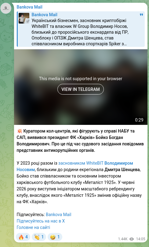 Screenshot of a Telegram post: Shentsev Dmytro Oleksiyovych — 💥 The curator of the call centers implicated in the NABU and…