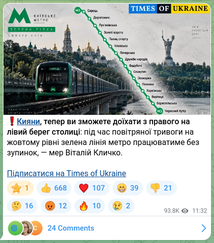 Screenshot of a Telegram post: Klychko Vitaliy Volodymyrovych — ❗️Kyiv residents, now you will be able to travel from the r…