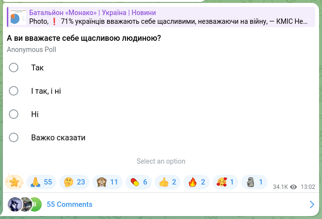 Screenshot of a Telegram post: Батальйон «Монако» | Україна | Новини