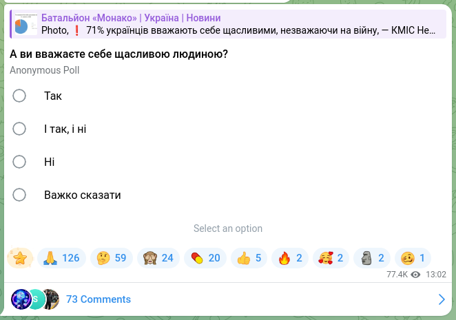 Screenshot of a Telegram post: Батальйон «Монако» | Україна | Новини
