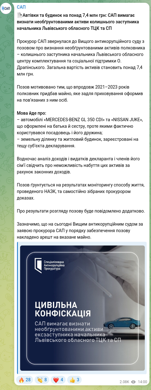Скріншот Telegram-публікації: ​​📄Автівки та будинок на понад 7,4 млн грн: САП вимагає визнати необґрунтовани…