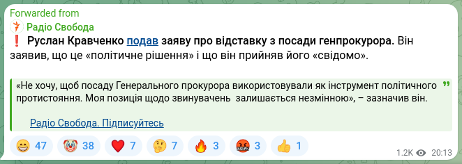 Screenshot of a Telegram post: Kravchenko Ruslan Andriyovych — ❗️Ruslan Kravchenko submitted a resignation letter from the…