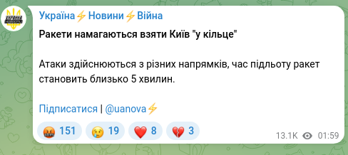 Скріншот Telegram-публікації: Ракети намагаються взяти Київ "у кільце" Атаки здійснюються з різних напрямків,…