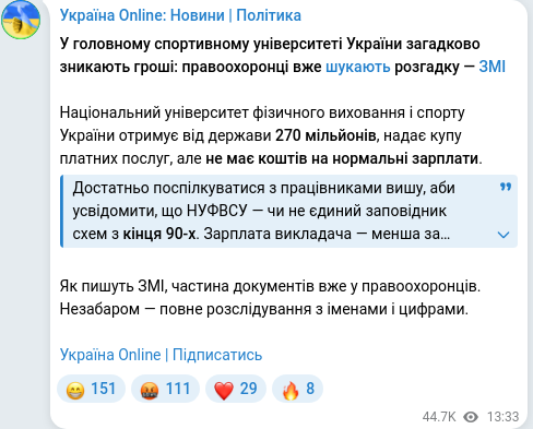 Скріншот Telegram-публікації